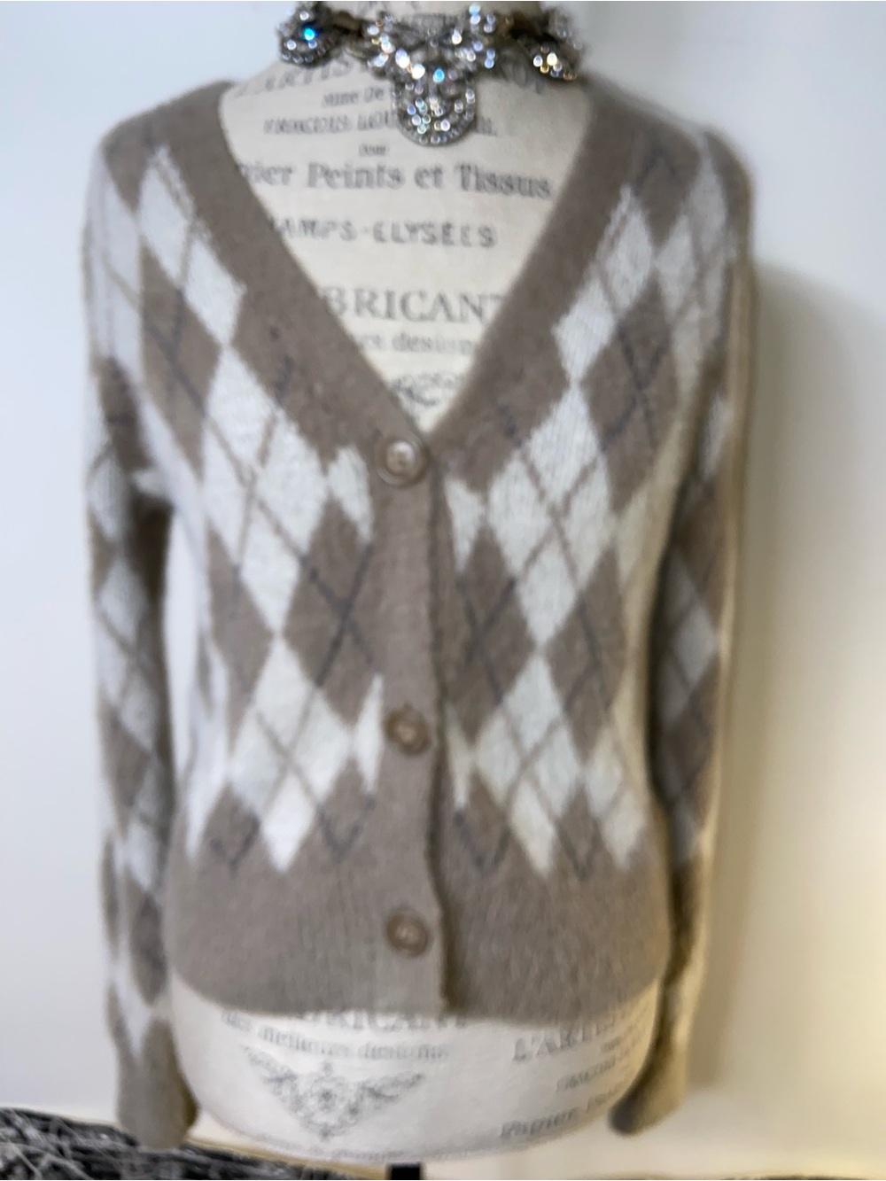 William Rast Taupe and White Argyle V-Neck Cardigan